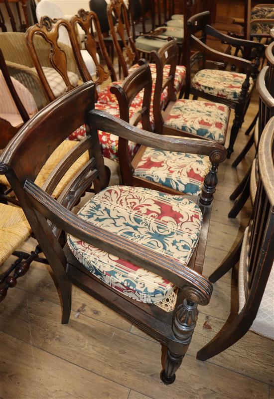 A pair of Regency elbow chairs and a pair of dining chairs